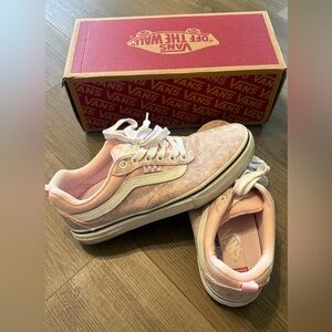 Vans size 6.5M/8W, pink and grey denim look. Like new